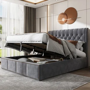 Bed van 160×200 cm met lattenbodem, opbergruimte en decoratieve klinknagels, tweepersoonsbed met lattenbodem, grijs