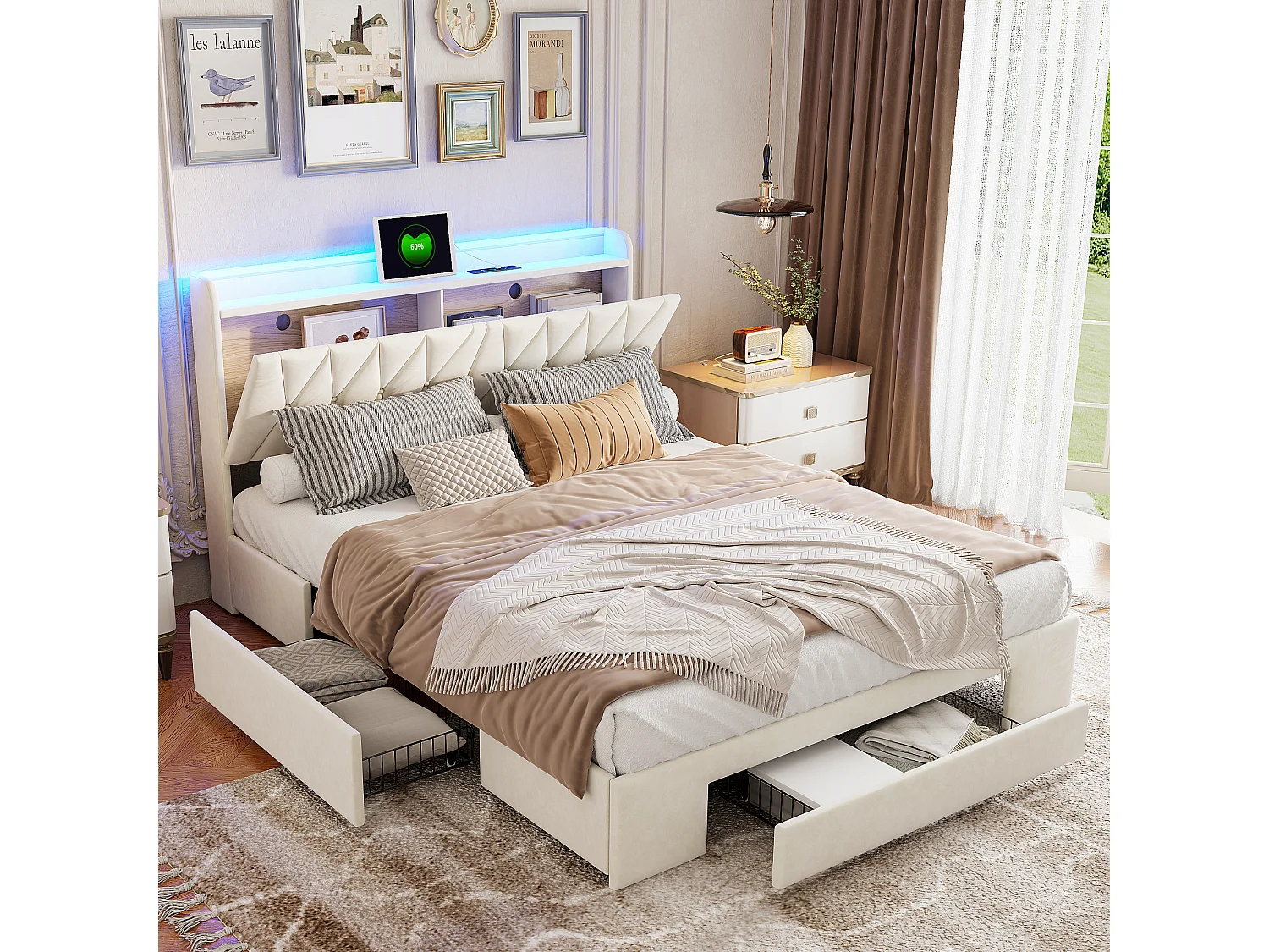 Bed 160 x 200 met LED-basis en USB, tweepersoonsbed, hoofdbord met opbergruimte, fluweel, beige