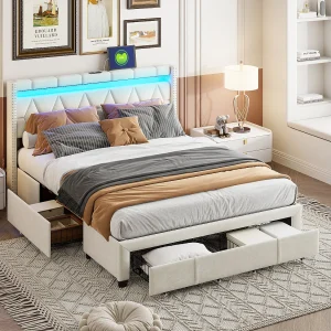 Bed 160 x 200 cm met lades, gestoffeerd bed met LED en USB, tweepersoonsbedframe, volwassen bed, beige
