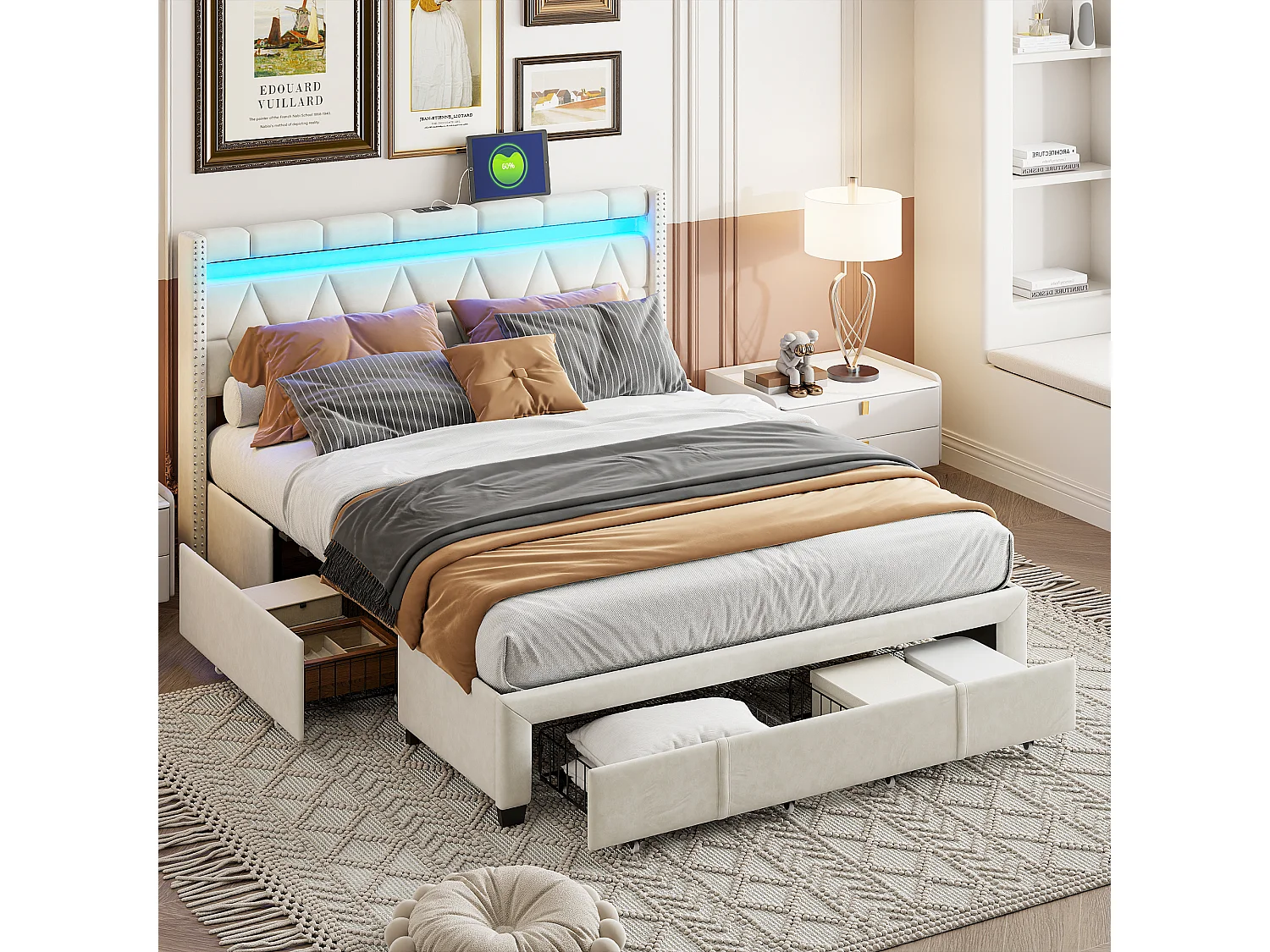 Bed 160 x 200 cm met lades, gestoffeerd bed met LED en USB, tweepersoonsbedframe, volwassen bed, beige