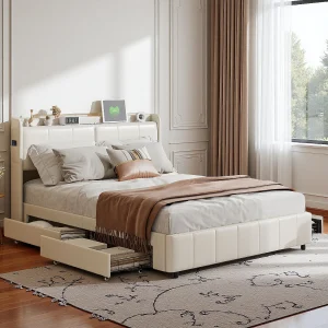 Bed 160×200 cm met lattenbodem, met 4 opbergladen en USB-oplader, PU, Wit