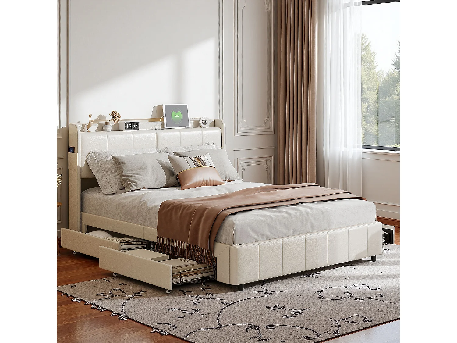 Bed 160x200 cm met lattenbodem, met 4 opbergladen en USB-oplader, PU, Wit