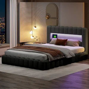 Bed 180x200cm met LED-hoofdeinde, gestoffeerd bed met opbergruimte, opbergbed, linnen, grijs Bed 180x200cm met LED-hoofdeinde, gestoffeerd bed met opbergruimte, opbergbed, linnen, grijs