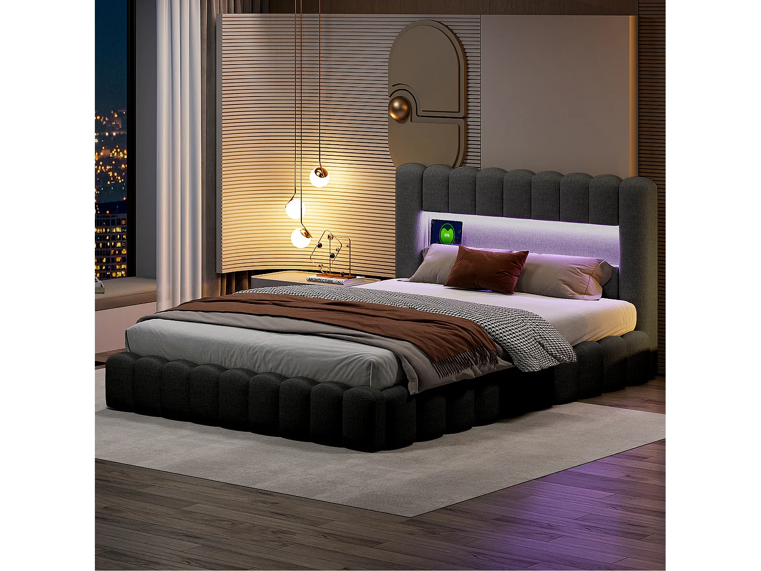 Bed 180x200cm met LED-hoofdeinde, gestoffeerd bed met opbergruimte, opbergbed, linnen, grijs