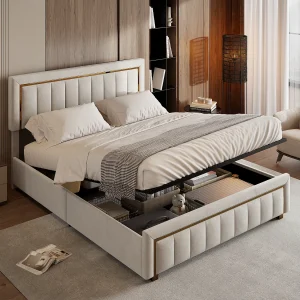 Bed 160×200 cm, opbergbed, bedframe met hoofdeinde, fluweel, beige