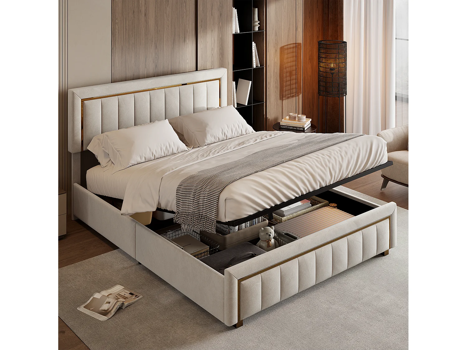 Bed 160x200 cm, opbergbed, bedframe met hoofdeinde, fluweel, beige