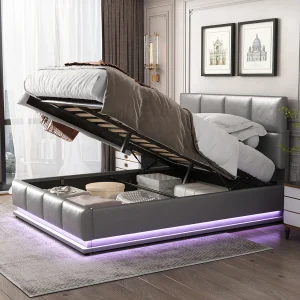 Bed 140×200 cm met LED, opklapbaar hoofdeinde, lattenbodem, opbergruimte, gewatteerd PU, grijs Bed 140×200 cm met LED, opklapbaar hoofdeinde, lattenbodem, opbergruimte, gewatteerd PU, grijs