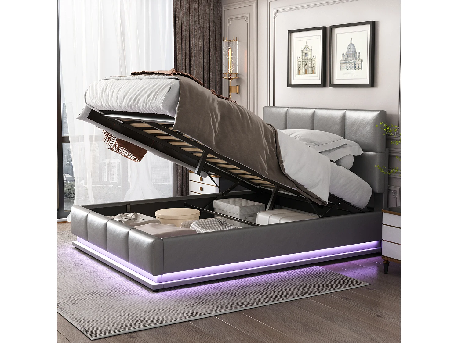 Bed 140x200 cm met LED, opklapbaar hoofdeinde, lattenbodem, opbergruimte, gewatteerd PU, grijs