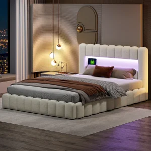 Bed 140x200cm met LED-hoofdeinde, gestoffeerd bed met opbergruimte, opbergbed, linnen, beige Bed 140x200cm met LED-hoofdeinde, gestoffeerd bed met opbergruimte, opbergbed, linnen, beige