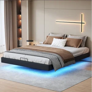 Bedframe 160 x 200 cm met onderstel, tweepersoonsbed met LED, verborgen poten, zwart