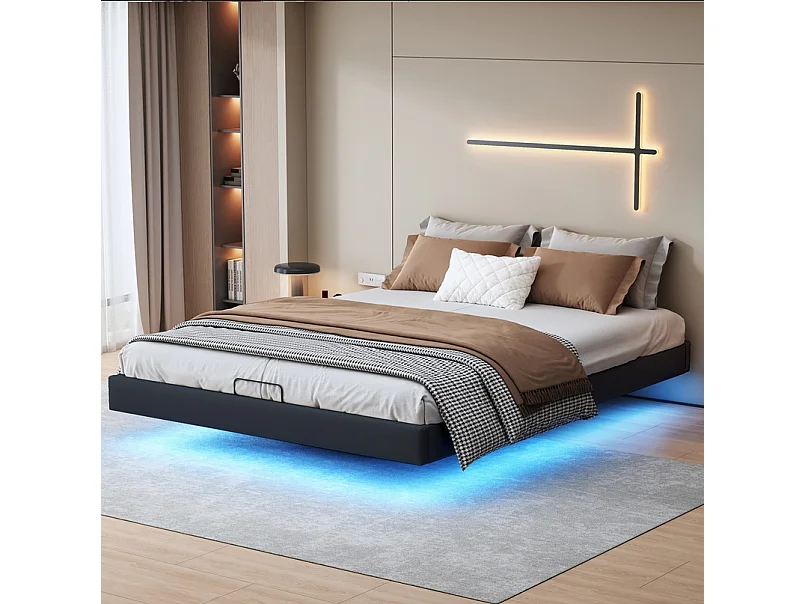 Bedframe 160 x 200 cm met onderstel, tweepersoonsbed met LED, verborgen poten, zwart