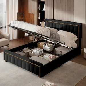 Bed 140×200 cm, opbergbed, bedframe met hoofdeinde, fluweel, zwart Bed 140×200 cm, opbergbed, bedframe met hoofdeinde, fluweel, zwart