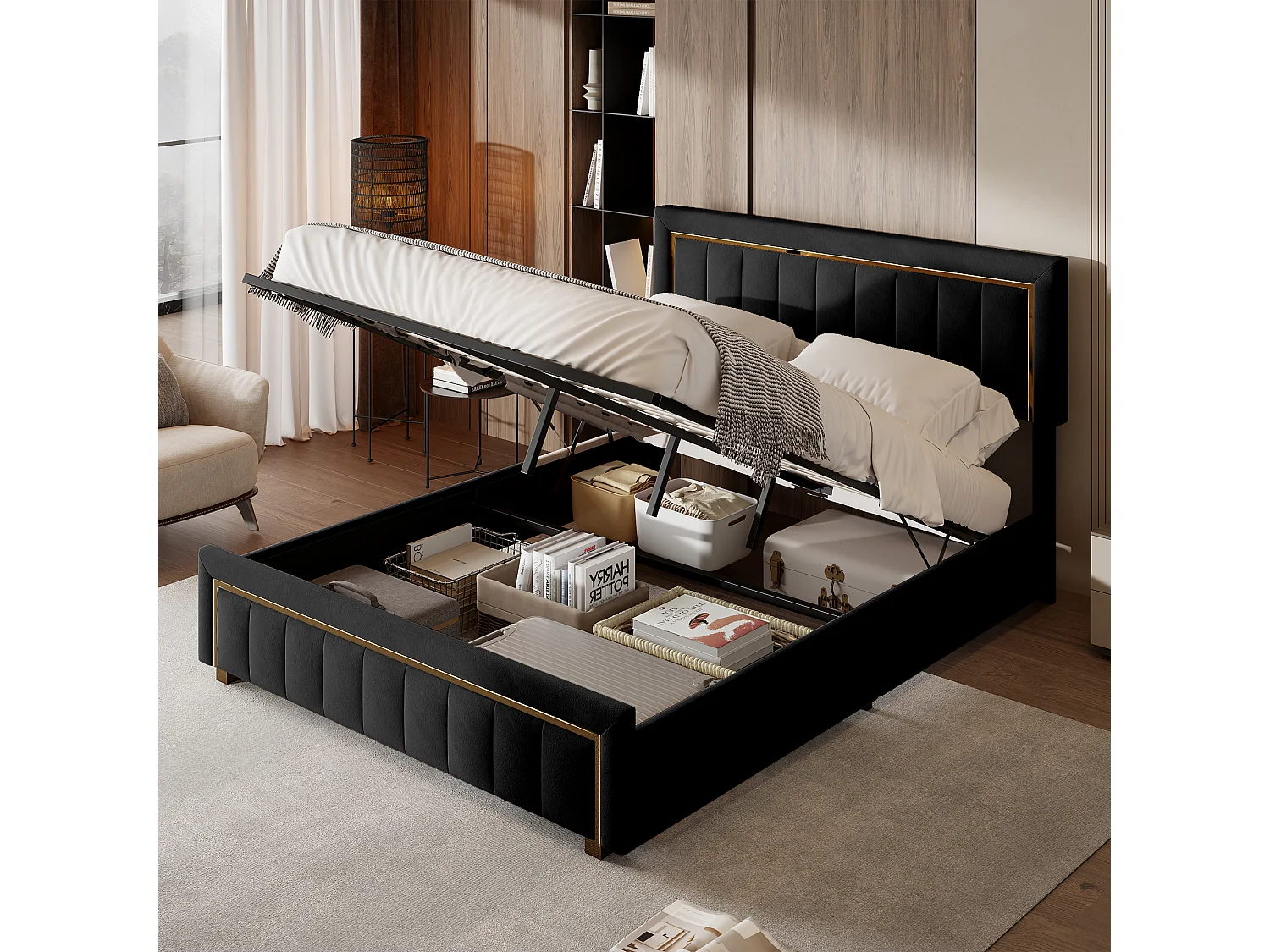 Bed 140x200 cm, opbergbed, bedframe met hoofdeinde, fluweel, zwart