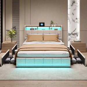 Bed 180×200 LED-basis en 2 USB-poorten, Type-c, gestoffeerd tweepersoonsbed met 4 lades, linnen, beige Bed 180×200 LED-basis en 2 USB-poorten, Type-c, gestoffeerd tweepersoonsbed met 4 lades, linnen, beige
