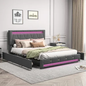 Bed 140×200 met LED- en USB-basis, gestoffeerd bed met 4 lades en groot opbergbed, grijs
