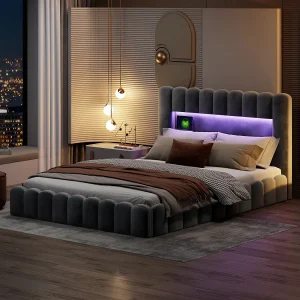 Bed 180x200cm met LED-hoofdeinde, gestoffeerd bed met opbergruimte, opbergbed, fluweel, grijs Bed 180x200cm met LED-hoofdeinde, gestoffeerd bed met opbergruimte, opbergbed, fluweel, grijs