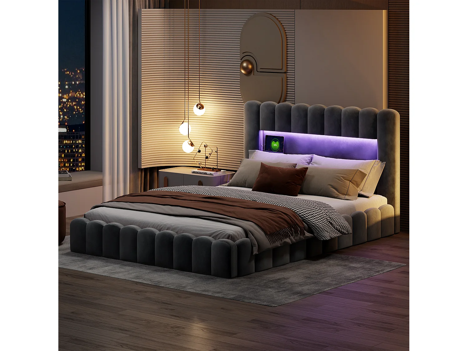 Bed 180x200cm met LED-hoofdeinde, gestoffeerd bed met opbergruimte, opbergbed, fluweel, grijs