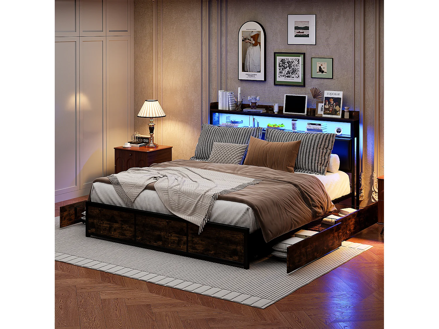 Bed 140x200 cm met lattenbodem, LED, 4 laden, Tieners, Zonder matras
