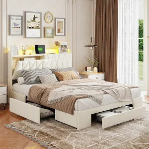 Bed 160×200 LED en USB basis, Type-c, 3 laden, hoofdbord met opbergruimte, fluweel, beige Bed 160×200 LED en USB basis, Type-c, 3 laden, hoofdbord met opbergruimte, fluweel, beige