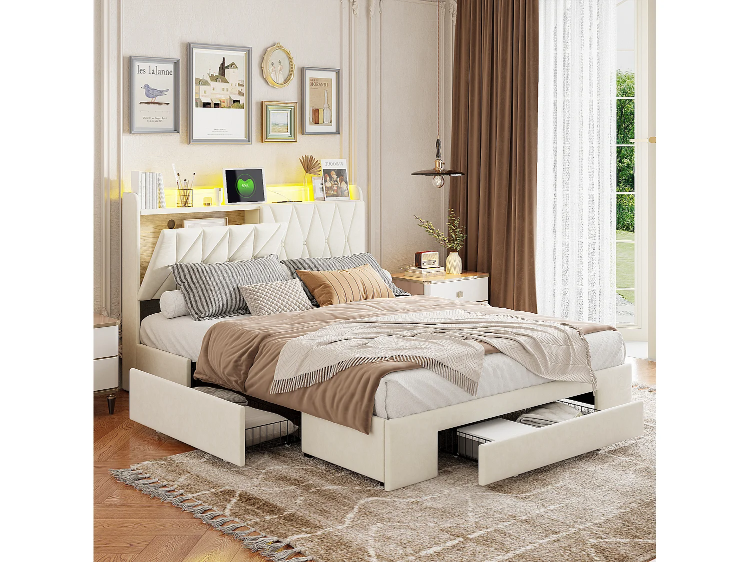Bed 160x200 LED en USB basis, Type-c, 3 laden, hoofdbord met opbergruimte, fluweel, beige