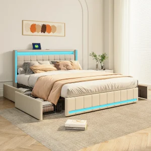 Bed 160×200 met LED- en USB-basis, opbergbed 160×200 met lattenbodem en 4 lades, beige Bed 160×200 met LED- en USB-basis, opbergbed 160×200 met lattenbodem en 4 lades, beige