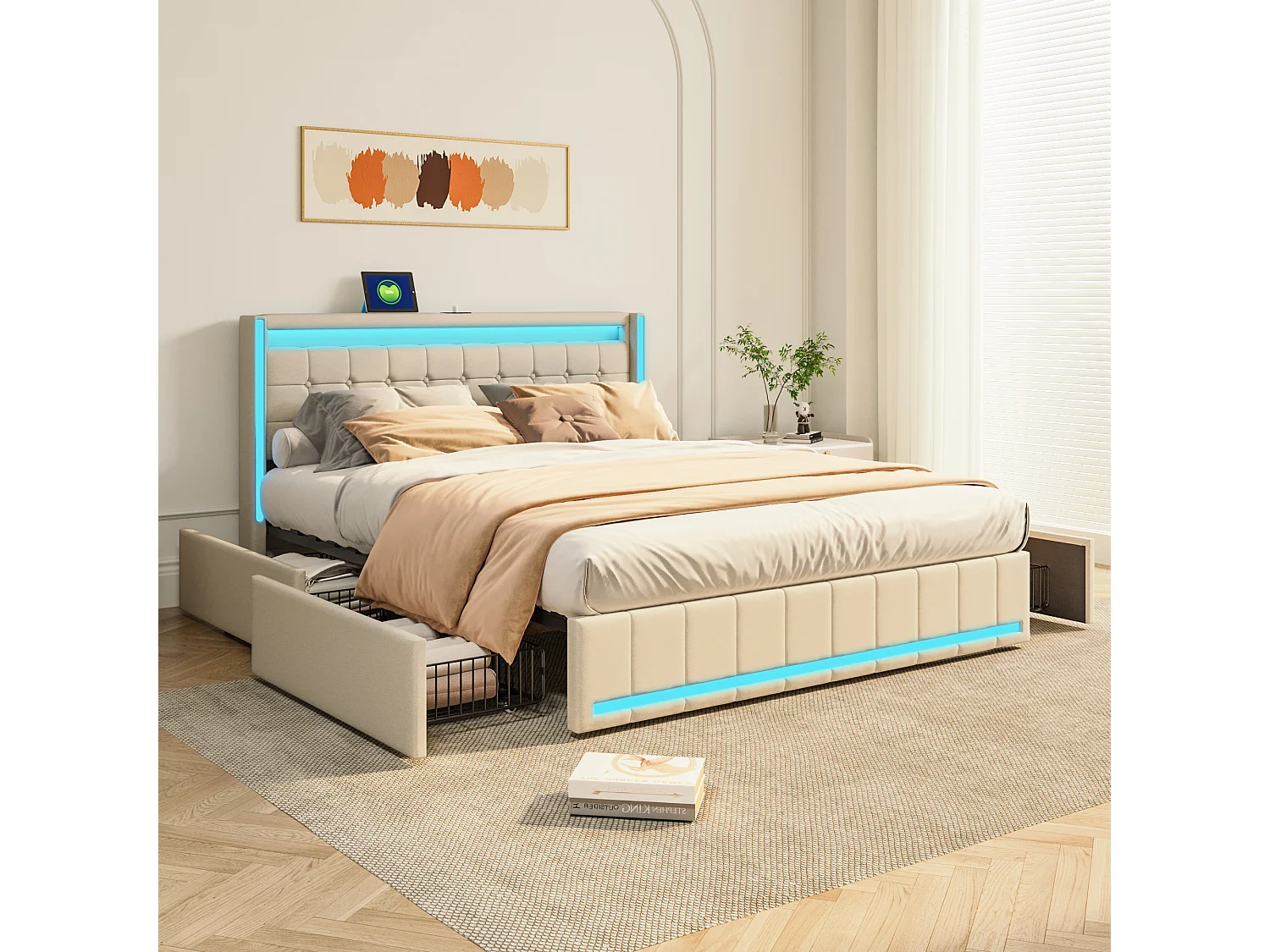 Bed 160x200 met LED- en USB-basis, opbergbed 160x200 met lattenbodem en 4 lades, beige