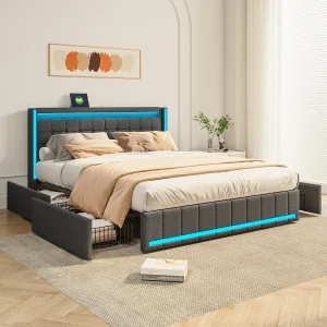 Bed 160×200 met LED- en USB-basis, opbergbed 140×200 met lattenbodem en 4 lades, grijs Bed 160×200 met LED- en USB-basis, opbergbed 140×200 met lattenbodem en 4 lades, grijs