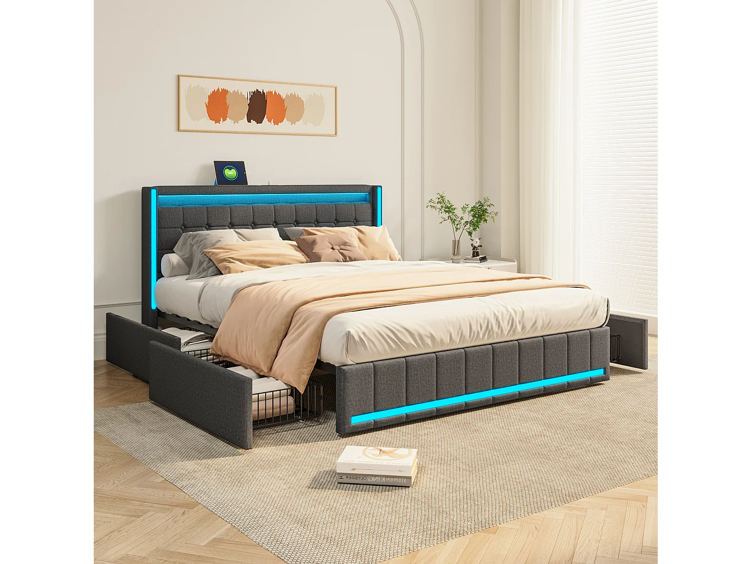 Bed 160x200 met LED- en USB-basis, opbergbed 140x200 met lattenbodem en 4 lades, grijs
