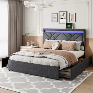 Bed 160×200 met onderstel en 4 lades, opbergbed 140×200 met LED, USB Type C-poort, linnen, grijs