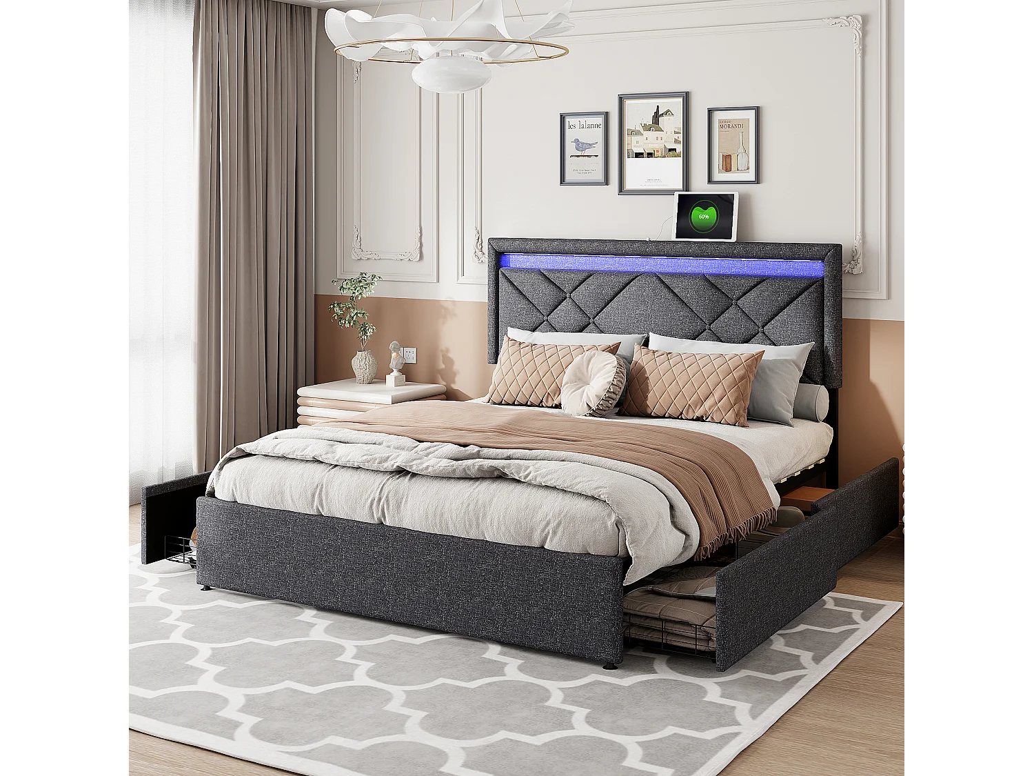 Bed 160x200 met onderstel en 4 lades, opbergbed 140x200 met LED, USB Type C-poort, linnen, grijs