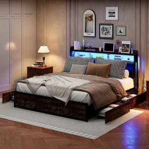 Bed 180×200 cm met lattenbodem, LED, 4 laden, Tieners, Zonder matras