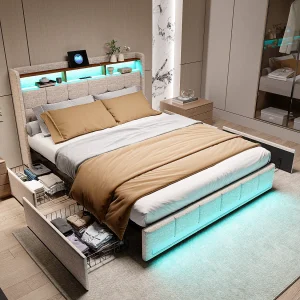 Bed 160×200 LED-basis en 2 USB-poorten, Type-c, gestoffeerd tweepersoonsbed met 4 lades, linnen, beige Bed 160×200 LED-basis en 2 USB-poorten, Type-c, gestoffeerd tweepersoonsbed met 4 lades, linnen, beige