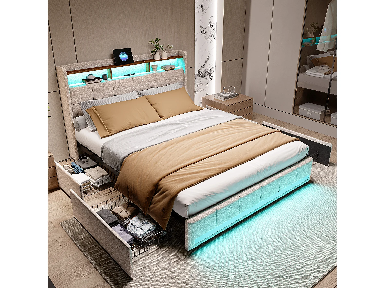 Bed 160x200 LED-basis en 2 USB-poorten, Type-c, gestoffeerd tweepersoonsbed met 4 lades, linnen, beige