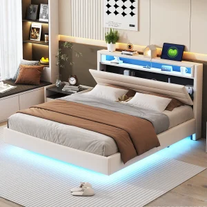 Bed 160 x 200 cm met USB-poort, LED-licht en omkeerbare hoofdbord, in beige linnenstof, voor jongeren en volwassenen. Bed 160 x 200 cm met USB-poort, LED-licht en omkeerbare hoofdbord, in beige linnenstof, voor jongeren en volwassenen.