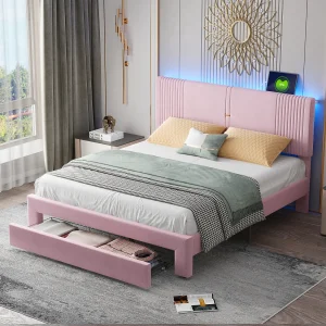 Bed 160 x 200 cm met verlichting, USB-poort, hoofdbord en grote lade, in roze fluweel, voor volwassenen en jongeren. Bed 160 x 200 cm met verlichting, USB-poort, hoofdbord en grote lade, in roze fluweel, voor volwassenen en jongeren.