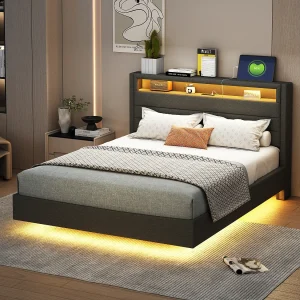 Bed 140 x 200 cm met USB-poort, LED-licht en omkeerbare hoofdbord, in grijs linnenstof, voor jongeren en volwassenen.