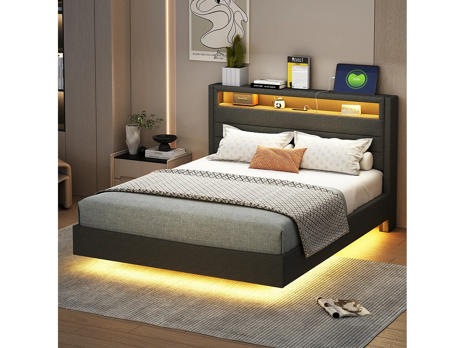Bed 140 x 200 cm met USB-poort, LED-licht en omkeerbare hoofdbord, in grijs linnenstof, voor jongeren en volwassenen.