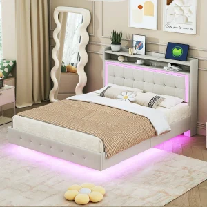 Bed 140 x 200 cm met USB-poort, LED-licht en verborgen voetontwerp, in beige linnenstof, praktisch en stijlvol.