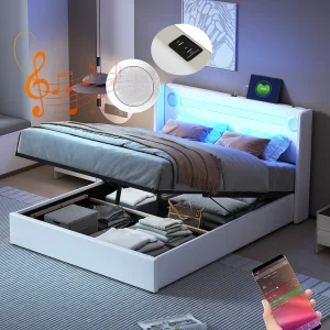 Bed 140 x 200 cm met LED, Bluetooth en USB-oplading, PU-leder met opbergruimte en lattenbodem, wit.