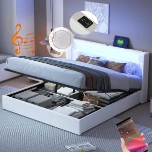 Bed 160 x 200 cm met LED, Bluetooth en USB-oplading, PU-leder met opbergruimte en lattenbodem, wit.