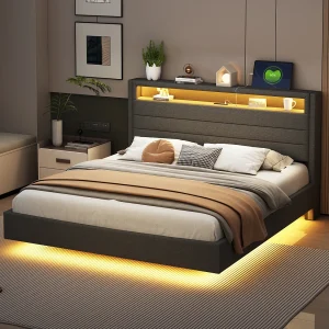 Bed 160 x 200 cm met USB-poort, LED-licht en omkeerbare hoofdbord, in grijs linnenstof, voor jongeren en volwassenen. Bed 160 x 200 cm met USB-poort, LED-licht en omkeerbare hoofdbord, in grijs linnenstof, voor jongeren en volwassenen.