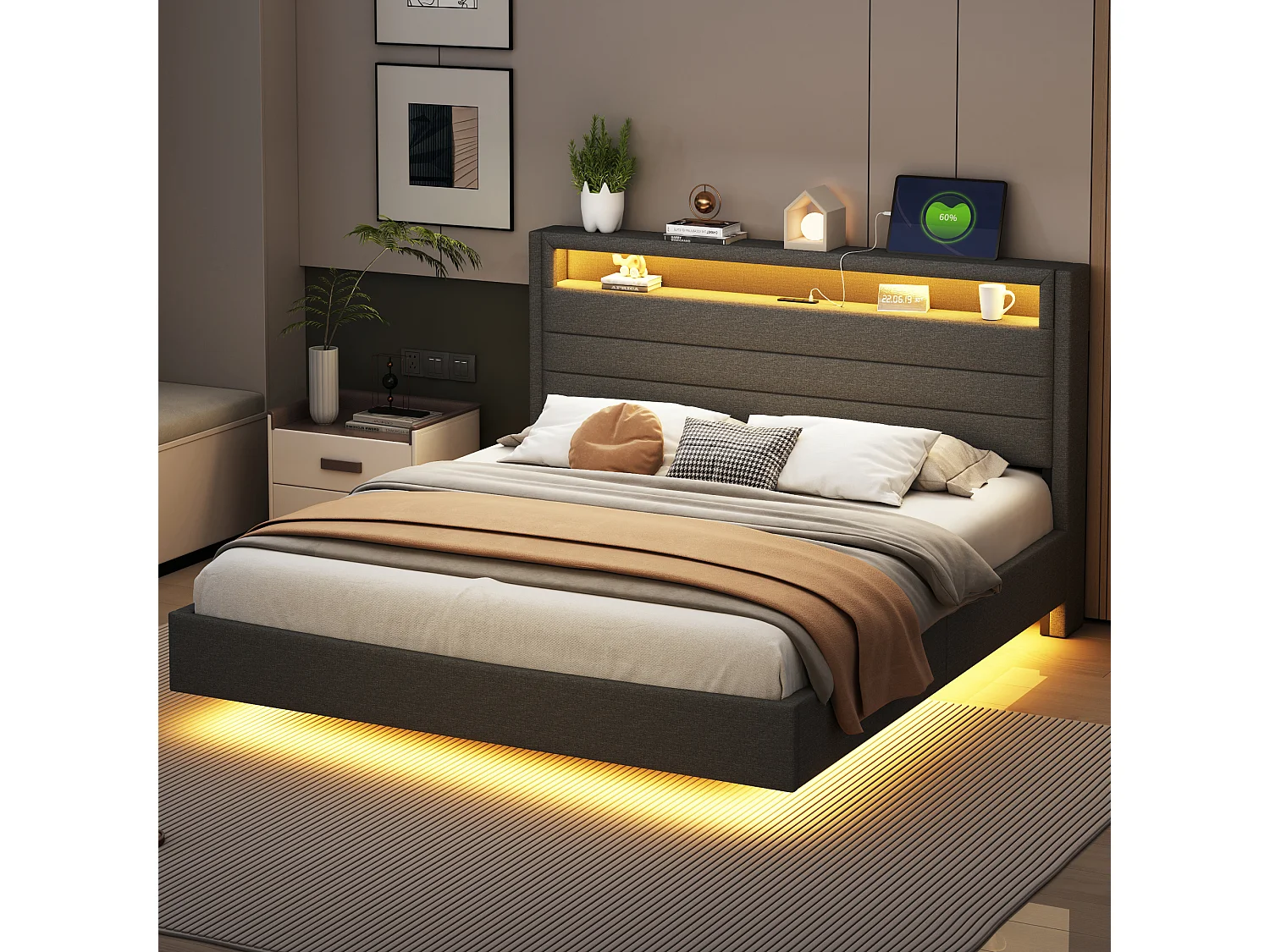 Bed 160 x 200 cm met USB-poort, LED-licht en omkeerbare hoofdbord, in grijs linnenstof, voor jongeren en volwassenen.