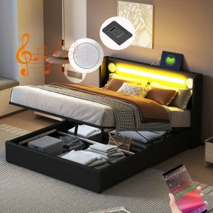 Bed 140 x 200 cm met LED, Bluetooth en USB-oplading, PU-leder met opbergruimte en lattenbodem, zwart.