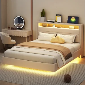 Bed 140 x 200 cm met USB-poort, LED-licht en omkeerbare hoofdbord, in beige linnenstof, voor jongeren en volwassenen.