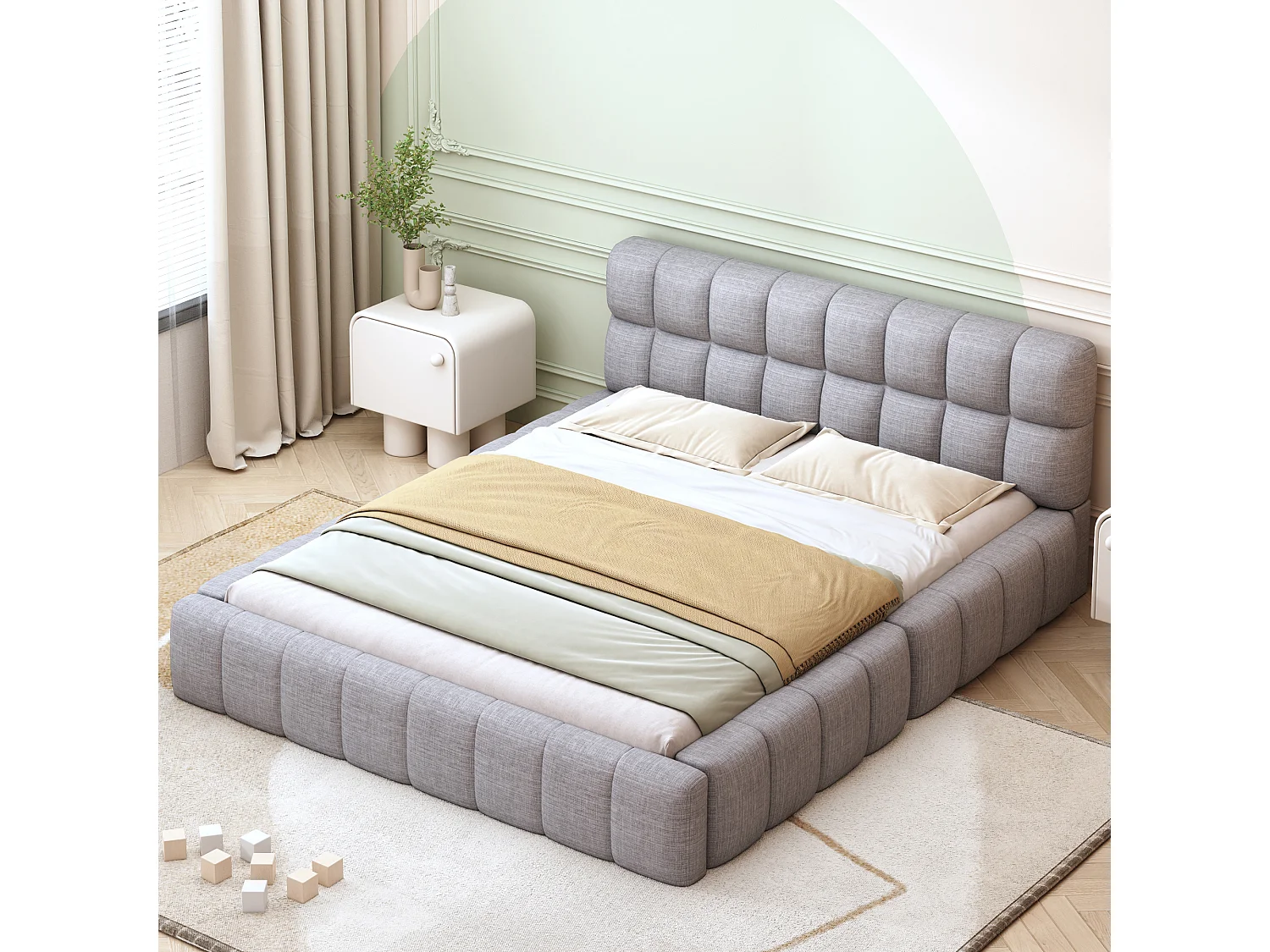 Bed 140 x 200 cm met zachte rugleuning en gewatteerde rand in grijs linnen. Perfect voor jongeren, lattenbodem inbegrepen (matras niet inbegrepen).