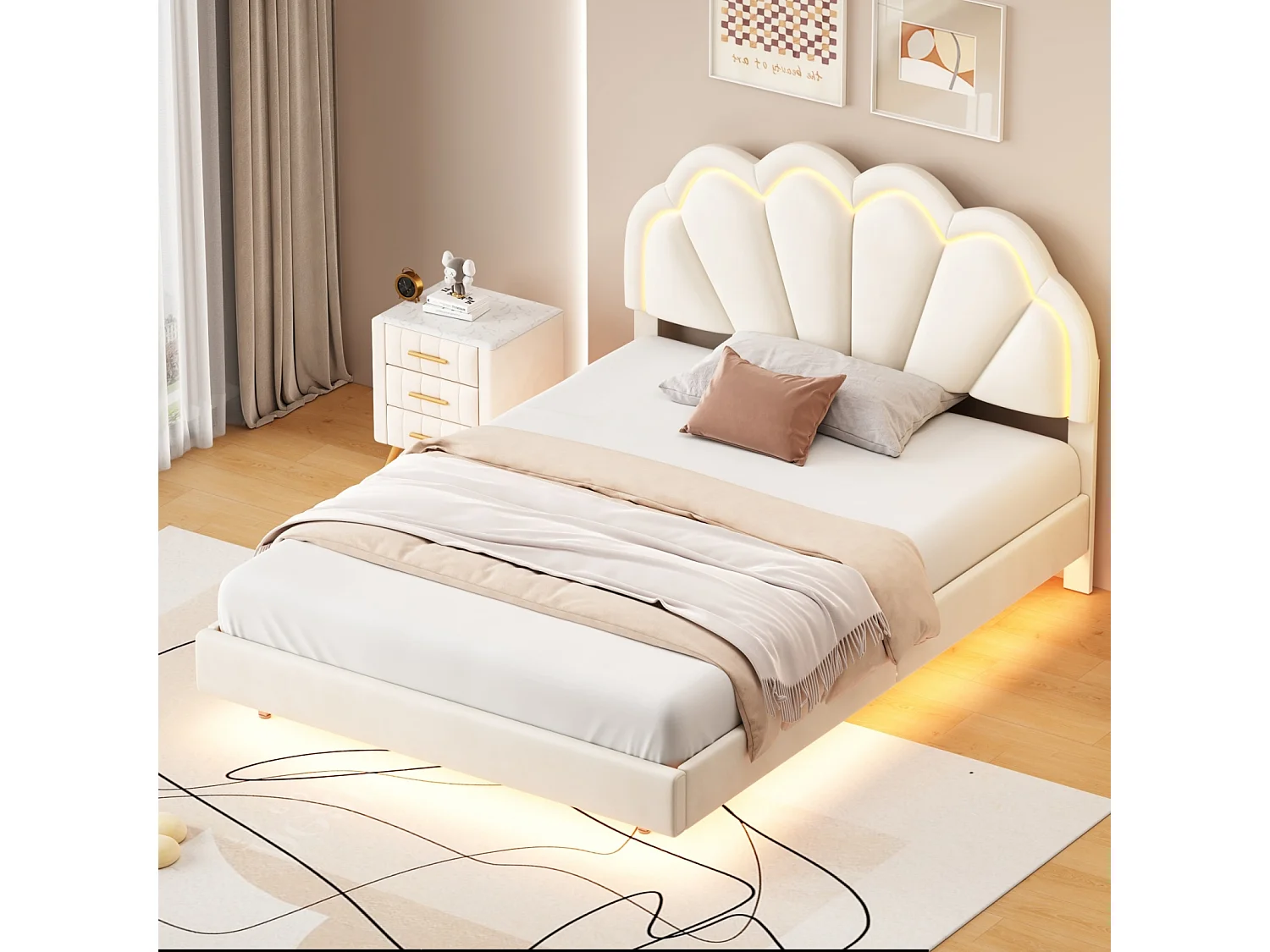 Bed 140 x 200 cm met ledverlichting, gestoffeerd bed, met hoofdbord en lattenbodem, beige