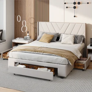 Bed 160x200cm met opberglades, gestoffeerd bed met lattenbodem, linnen, beige Bed 160x200cm met opberglades, gestoffeerd bed met lattenbodem, linnen, beige