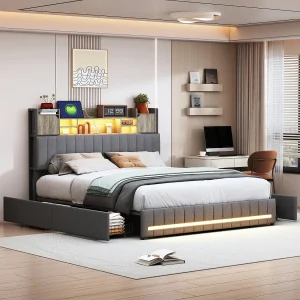 Bed 140 x 190 cm met LED-hoofdbord en USB, 4 opberglades, lattenbodem, linnen, grijs Bed 140 x 190 cm met LED-hoofdbord en USB, 4 opberglades, lattenbodem, linnen, grijs