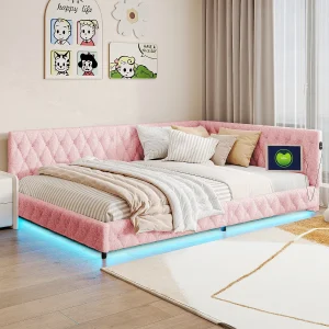 Bed 140x200cm, tweepersoonsbed met led-verlichting, USB-poort, type C, pluche stof, slaapbank, roze