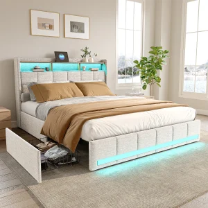 Bed 140×190 cm met LED-verlichting en USB, 4 lades en opberghoofdeinde, linnen, beige Bed 140×190 cm met LED-verlichting en USB, 4 lades en opberghoofdeinde, linnen, beige